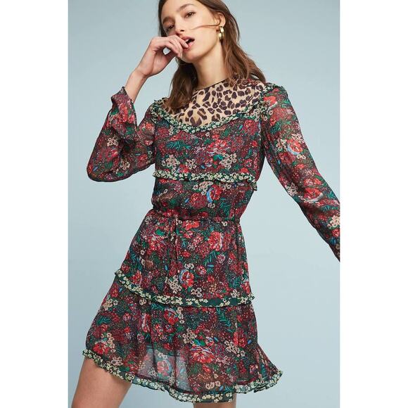 Scotch & Soda Leopard & Lillies Floral Long Sleeve Mini Dress Size 2 NWOT Boho - Picture 1 of 8